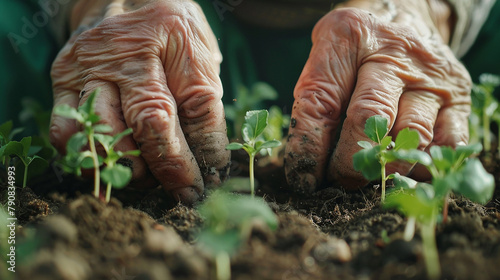 A pair of weathered hands carefully transplanting seedlings into neat rows, their fingers gently cradling the tender roots.