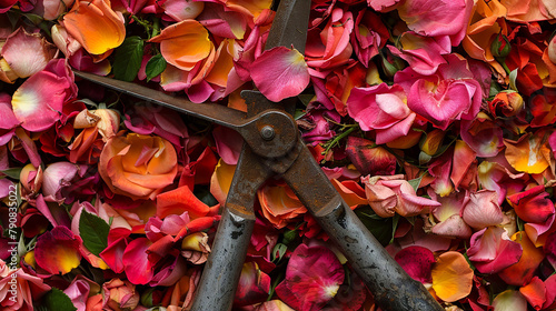 A pair of weathered secateurs delicately pruning a rose bush, the discarded petals forming a colorful carpet at their feet.