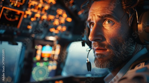 Pilot in a cockpit at dusk, with illuminated aircraft controls and a focused expression.. Created with Generative AI.