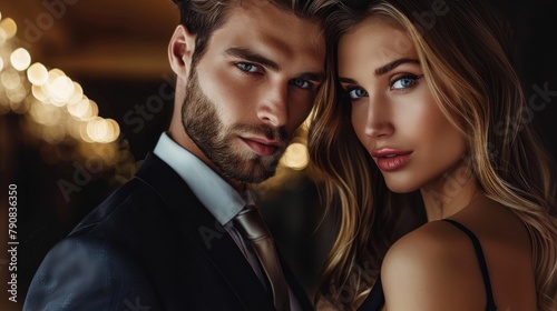 Attractive man in sharp suit posing with his stunning girlfriend gazing at the camera