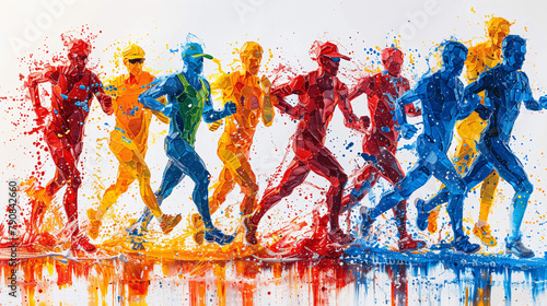 color illustration of the Olympic Games, athletes running to the finish line, Generative AI.