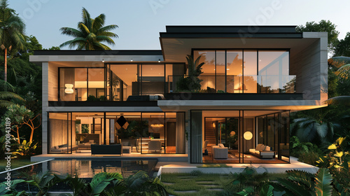 A sleek, modern villa with clean lines, floor-to-ceiling windows, and a minimalist exterior design, set against a lush, tropical landscape.