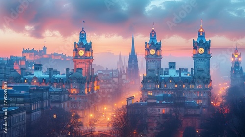 Panoramic View of Edinburgh at Night, generative ai