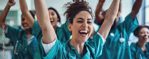 Diverse group of medical professionals cheering and celebrating together