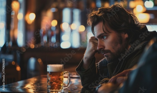 Pensive man rests his head on a window sill, beer at his side, as he gazes out at the city in contemplation