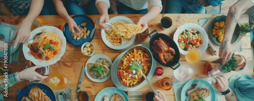 Detail of group people eating home made pasta