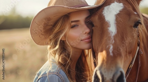 A woman in a cowboy hat hugging her horse on the shoulder, AI