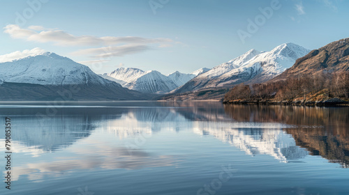 Panoramic views of mountains and lakes with snow-capped peaks reflecting calm waters under soft morning light