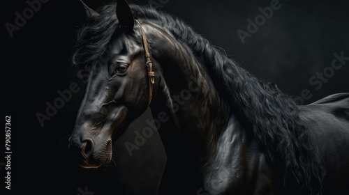 Portrait of a black horse on a dark background. AI generated.
