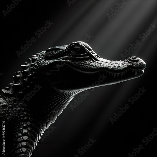 Black background Rim light crocodile in profile photography, with the light shining on its fur