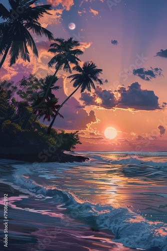 Beach with palm trees, the sun is setting. photorealism