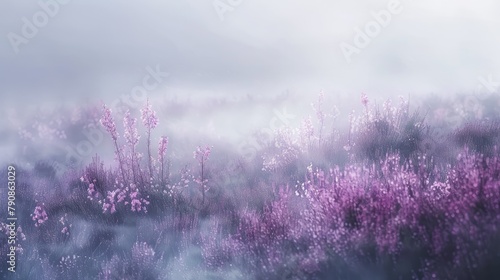 Heather flowers on a misty moor