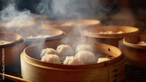 A group of dumplings are steaming in a bamboo steamer