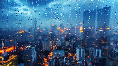 水滴の付いた窓から見える都会の風景