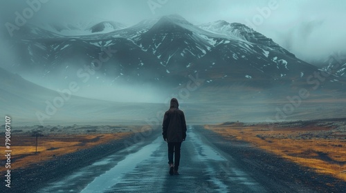 A person walking down a road in front of mountains, AI