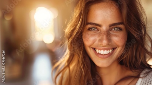 A woman with freckles smiling and looking at the camera, AI