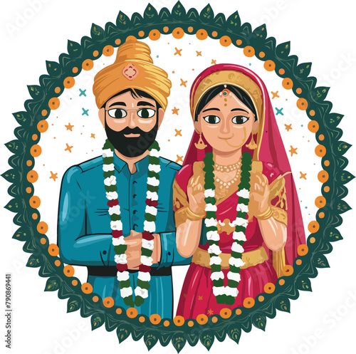 A cartoon of a man and woman dressed in traditional indian clothing