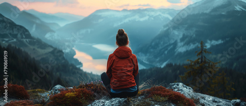 Solitary traveler contemplating a serene mountain lake at dusk. Generative AI