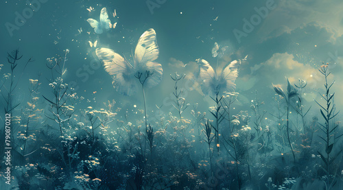 Tranquil Haven: Glowing Gardens and Ghost-like Butterflies in the Clouds