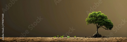 Growth transformation web banner. Tree growing from seedling to oak on brown background with copy space.