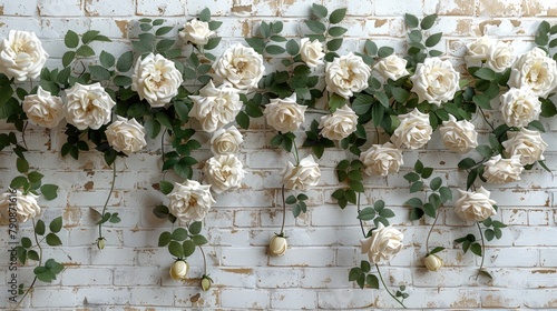 white roses allover winding up in tendrils on a old creme white painted brick wall, illustration made with Generative Ai