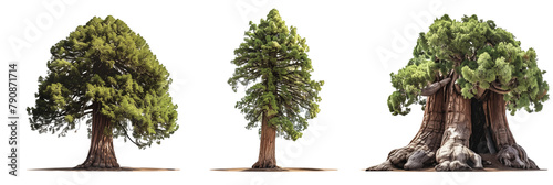 set of Sequoia trees, highlighting their massive trunks and foliage patterns, isolated on transparent background