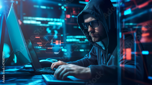 Hacker in hat, man with hidden face, accesses personal information on laptop in the dark technology concept cyber crime cyber security Cryptography and hackers in server room with holograms