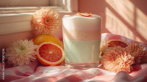  A glass of milk on a windowsill next to a grapefruit, orange, and chrysanthemums