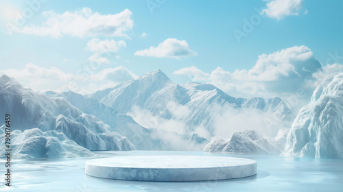 3D winter platform, frozen podium on a frozen lake, backdrop of snowy mountains, ice and clear sky for product display. Advertisement. Skincare, cosmetics with empty sphere.