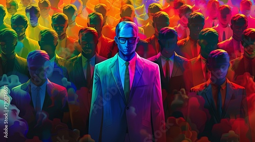 Colorful business crowd with a standout individual in a blue suit