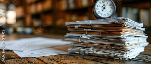Countdown to Tax Deadline: Piled Up Paperwork and the Race Against Time. Concept Tax season stress, Deadlines approaching, Organizing receipts, Filling out forms, Budgeting for payments
