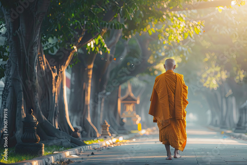 a monk walks down a path in the morning.