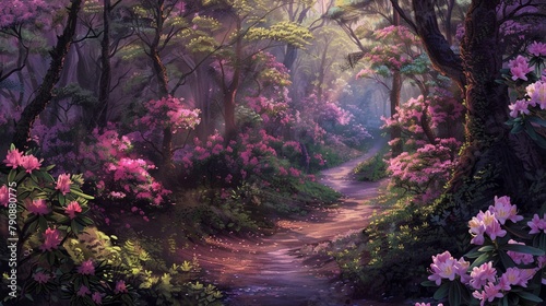 Rhododendrons form a tunnel of pink and purple blooms, their lush foliage providing shade and shelter for weary travelers.