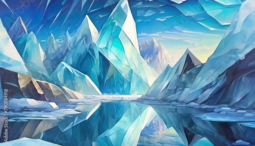 Visualize a crystalline structure resembling an ice cave with sharp, angular facets