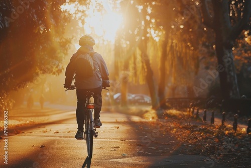 Man riding a bike down a street at sunset
