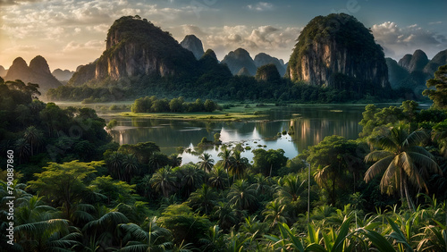 a beautiful landscape of mountains, hills, a river, and palm trees