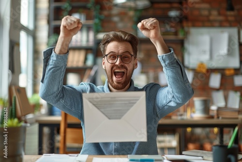 Portrait of an excited young male employee sitting at his desk in a modern office, holding an envelope with letters and looking happy while fist pumping the air celebrating success or triumph