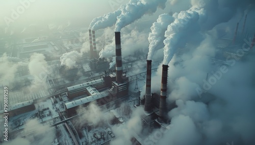An aerial view of an industrial urban city with large smokestacks emitting thick clouds of air pollution, showing the environmental impact and effects on human health. 