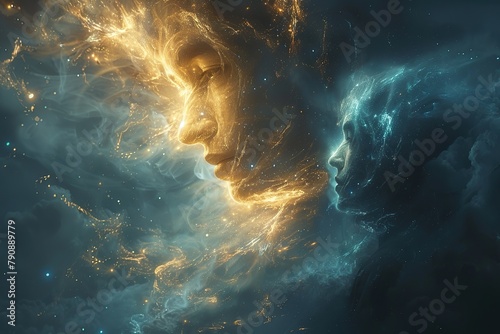 close-up, man of light composed of galaxies talking to the same man of light in front of him,cinematic