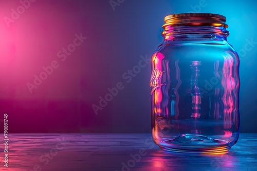 Empty glass jar at night with copy space and blue and pink lighting. Add your own objects, animals