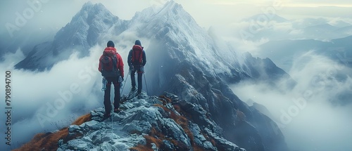 Braving the Storm: A Duo's Mountain Challenge. Concept Adventure Photography, Mountain Climbing, Extreme Weather, Overcoming Challenges, Teamwork