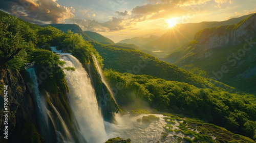 Sunlit waterfall over verdant hills and serene river at sunset in a breathtaking natural landscape