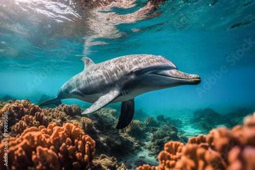A dolphin is swimming in the ocean next to some coral. The dolphin is smiling and he is enjoying its time in the water