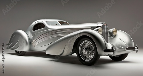 Retro 1930s Art Deco car displaying intricate chrome features and smooth, stylish curves