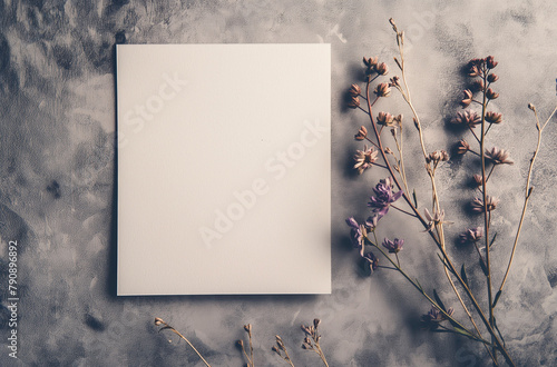 Mockup poétique 'un carton d'invitation vierge, fond gris et tons bleus-violets, effet vintage rétro-romantique