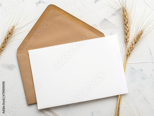 Présentation soignée d'un carton d'invitation blanc sur fond blanc-gris, mockup professionnel avec une esthétique simple, brins de blé pour une touche d'authencité