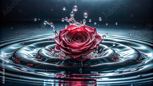 Bright red roses float on the dark,rippling water surface,and water droplets scatter in all directions.The scene is captured with great clarity,highlighting the dynamic movement of the water.AI genera