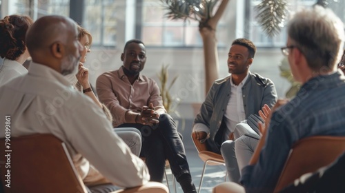 A group of people sitting in chairs and talking to each other