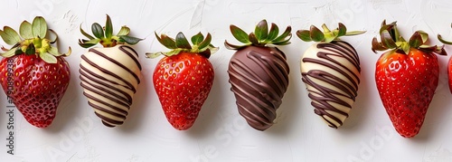 Fresh strawberries dipped in dark and white chocolate on white surface