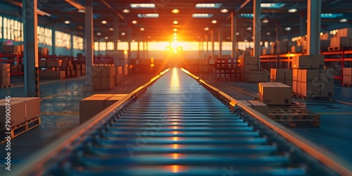 Dynamic Conveyor Belt in Sunset Lit Distribution Warehouse Poised for E Commerce Fulfillment